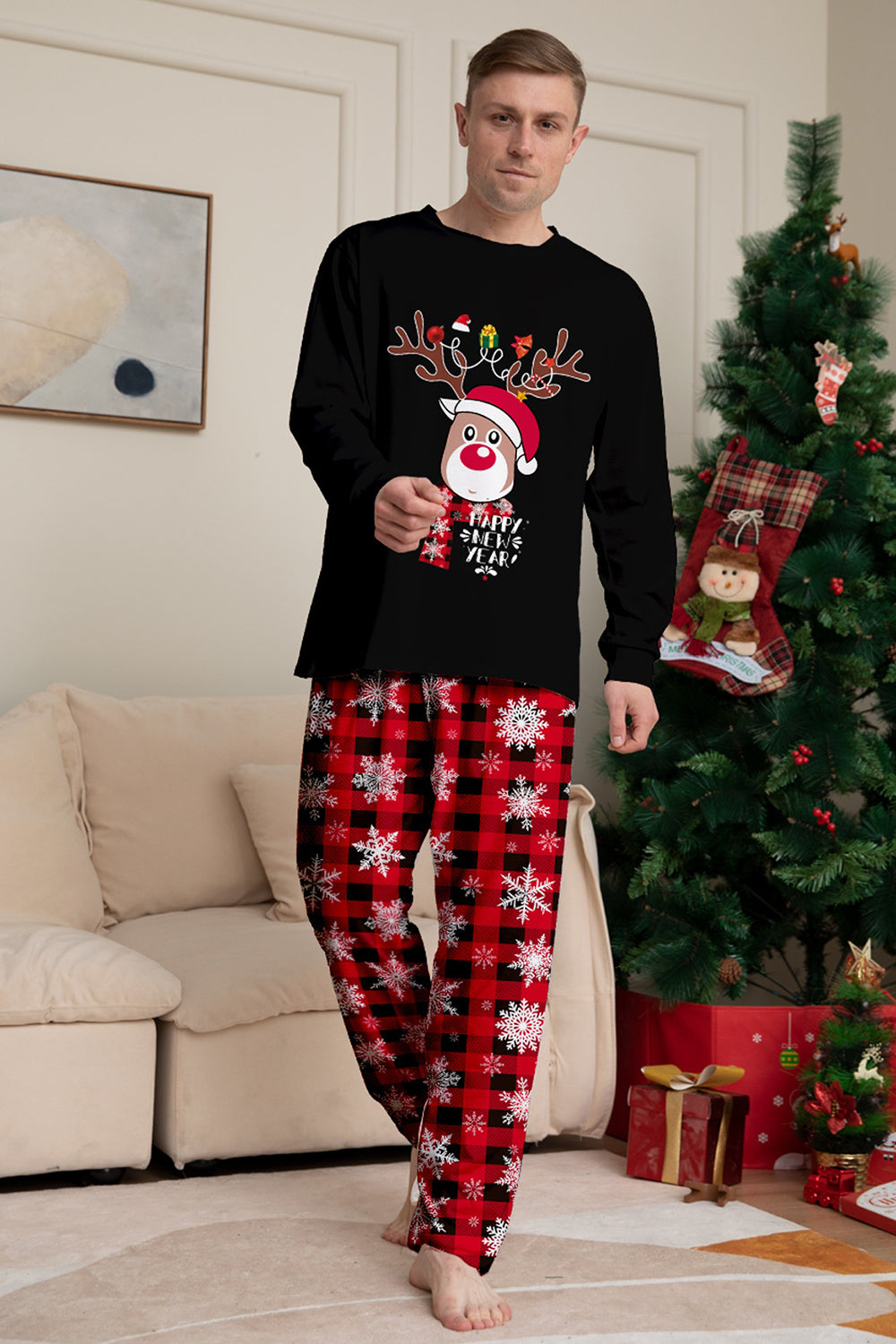 Conjunto de pijamas a juego con estampado de copos de nieve de reno rojo negro para Navidad