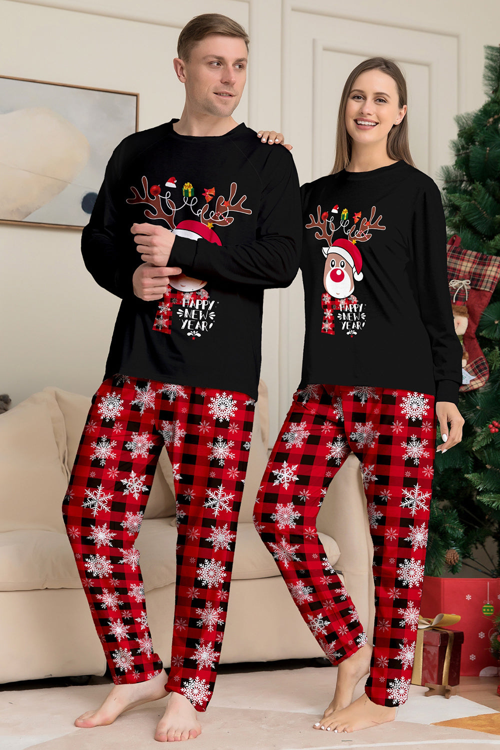 Conjunto de pijamas a juego con estampado de copos de nieve de reno rojo negro para Navidad