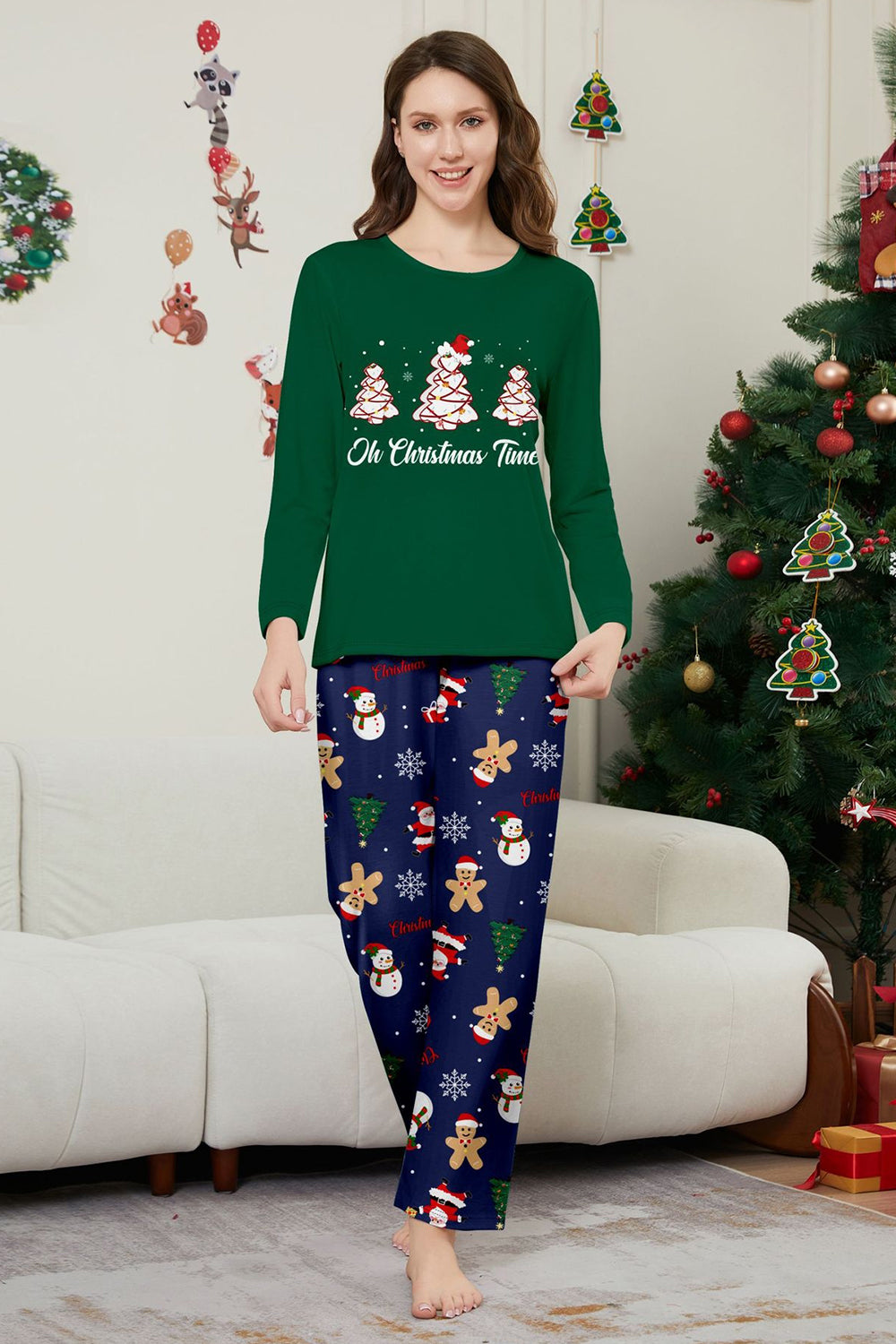 Pijamas de Navidad a juego de manga larga con estampado de árbol verde azul