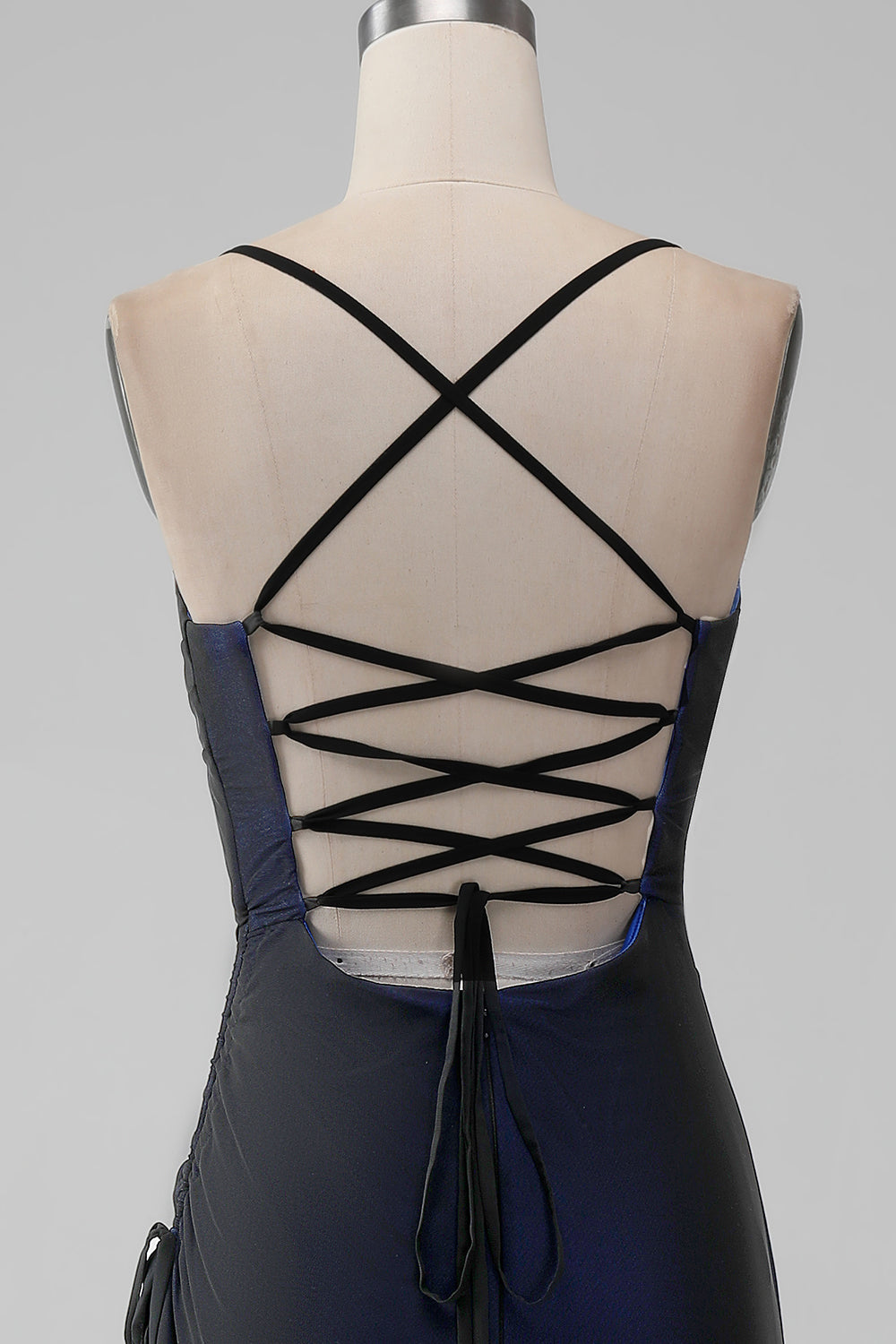 Espalda Sirena Azul Tirantes Espagueti Vestido Largo De Dama De Honor Con Abertura