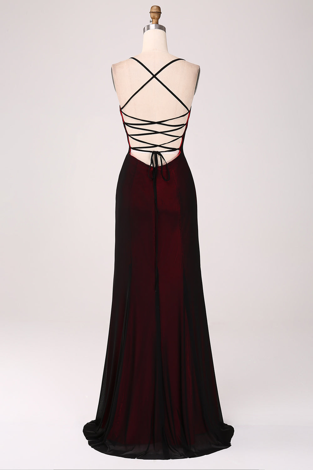 Vestido de dama de honor de vaina rojo negro con cordones en la espalda