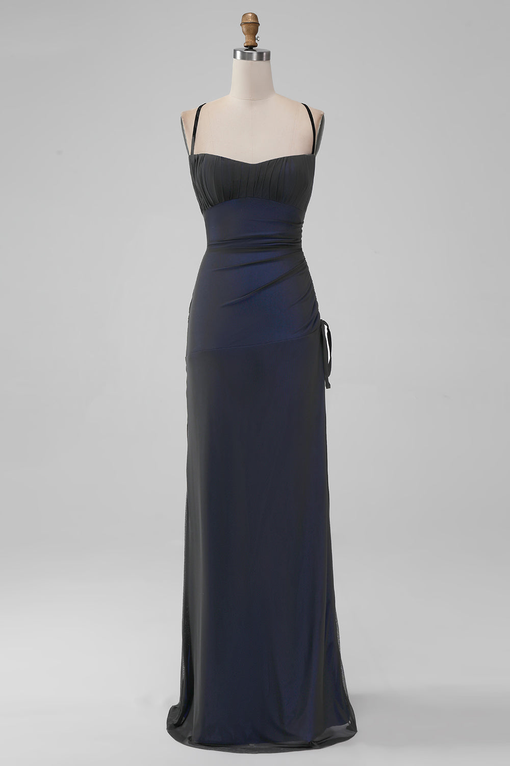 Negro Azul Tirantes Espagueti Sirena Plisado Vestido Largo De Fiesta Con Abertura