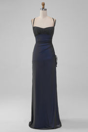 Negro Azul Tirantes Espagueti Sirena Plisado Vestido Largo De Fiesta Con Abertura