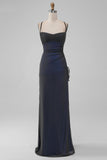 Negro Azul Tirantes Espagueti Sirena Plisado Vestido Largo De Fiesta Con Abertura