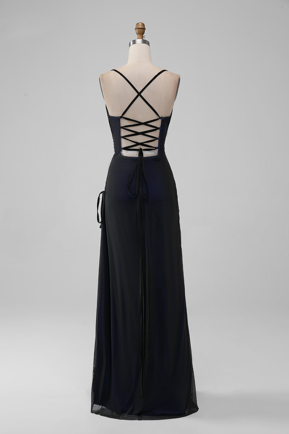 Negro Azul Tirantes Espagueti Sirena Plisado Vestido Largo De Fiesta Con Abertura