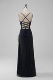Negro Azul Tirantes Espagueti Sirena Plisado Vestido Largo De Fiesta Con Abertura