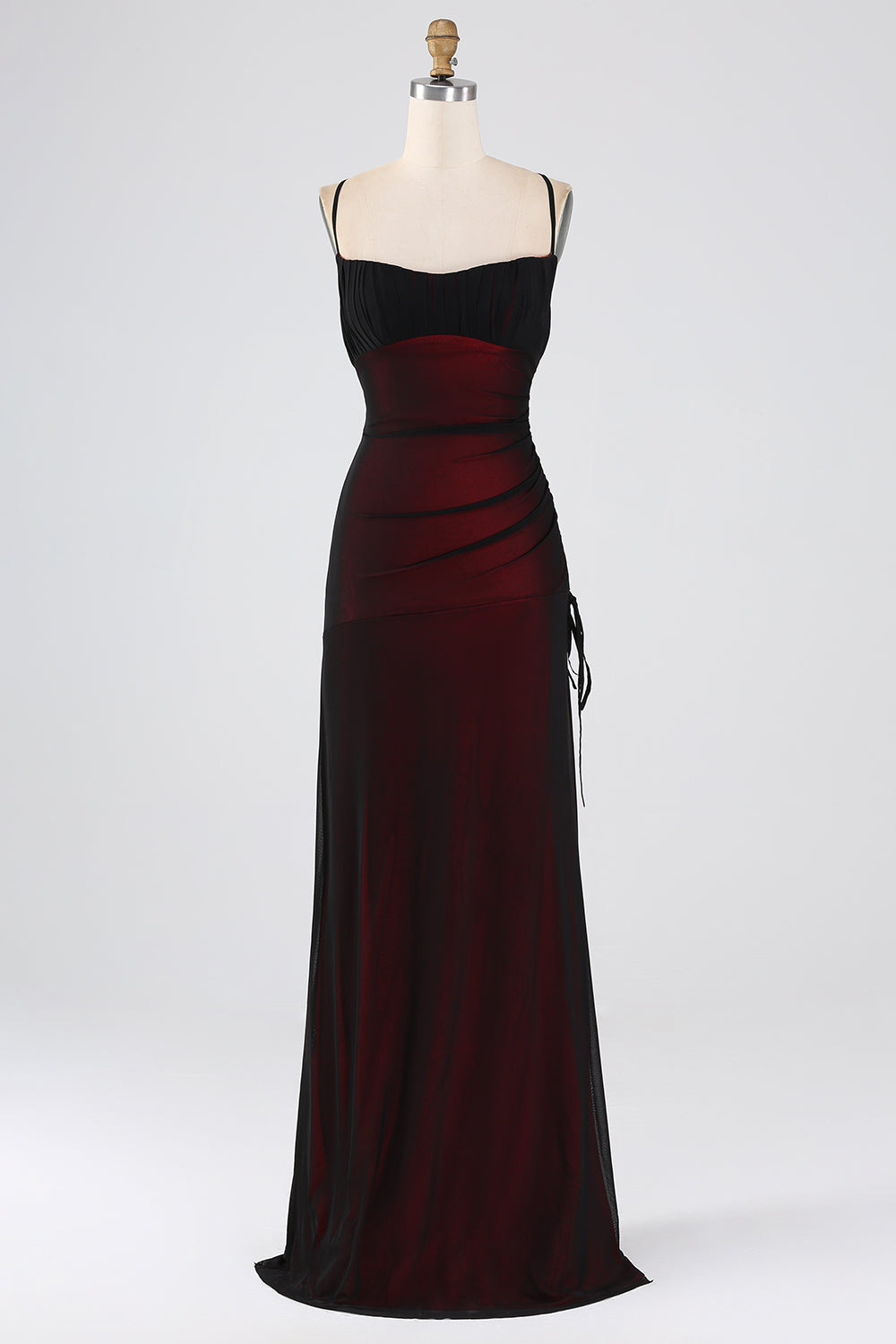 Negro Azul Tirantes Espagueti Sirena Plisado Vestido Largo De Fiesta Con Abertura