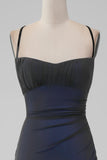 Negro Azul Tirantes Espagueti Sirena Plisado Vestido Largo De Fiesta Con Abertura