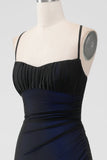 Negro Azul Tirantes Espagueti Sirena Plisado Vestido Largo De Fiesta Con Abertura