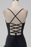 Negro Azul Tirantes Espagueti Sirena Plisado Vestido Largo De Fiesta Con Abertura