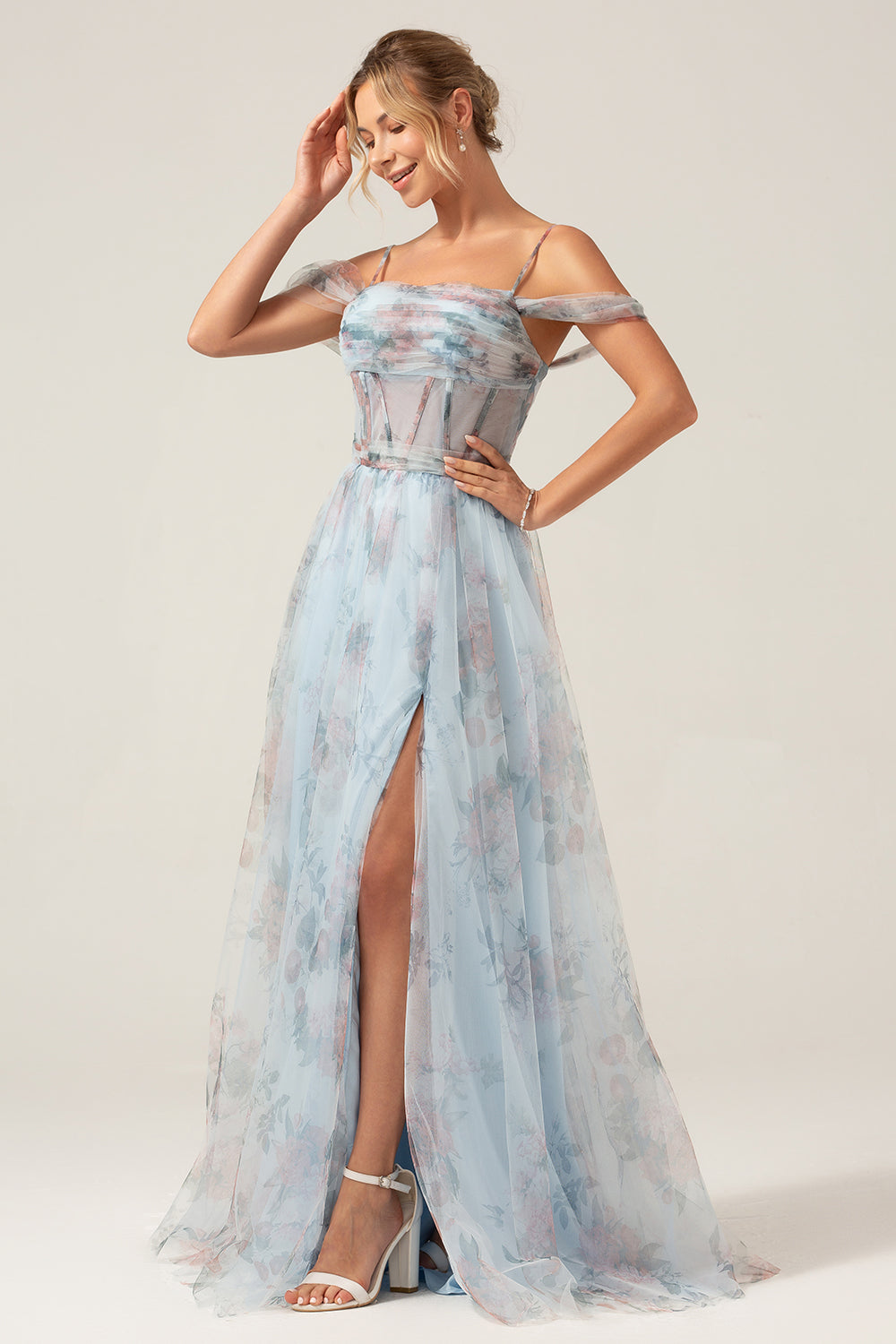 Vestido de fiesta largo con corsé azul estampado azul de hombros fríos con abertura