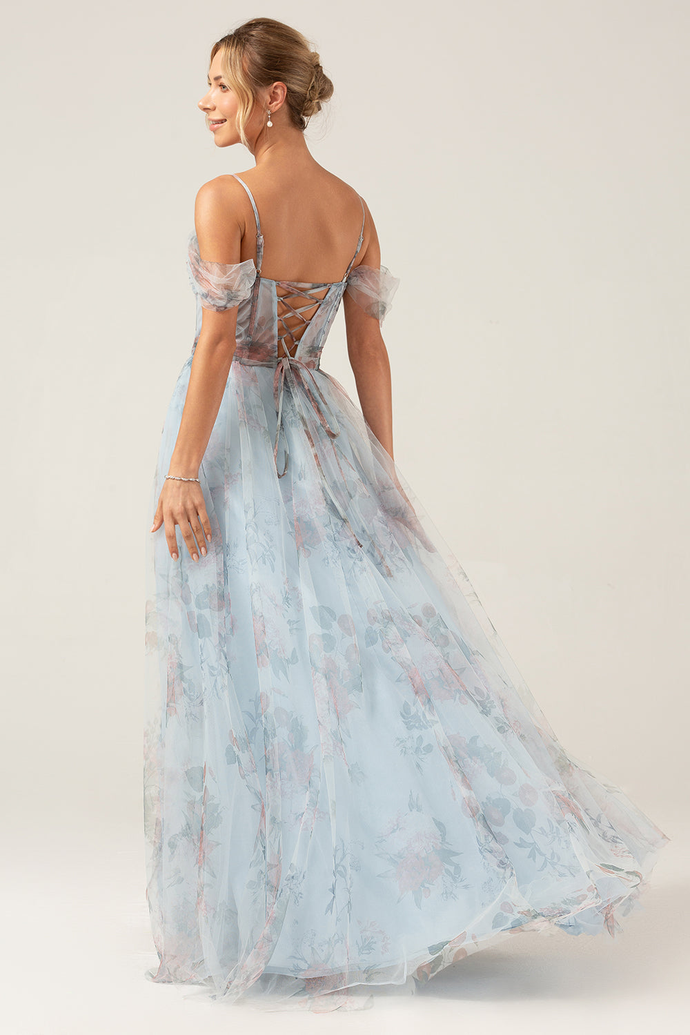 Vestido de fiesta largo con corsé azul estampado azul de hombros fríos con abertura