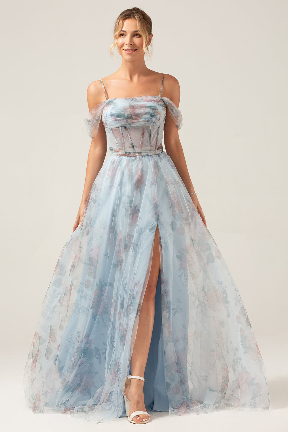 Vestido de fiesta largo con corsé azul estampado azul de hombros fríos con abertura