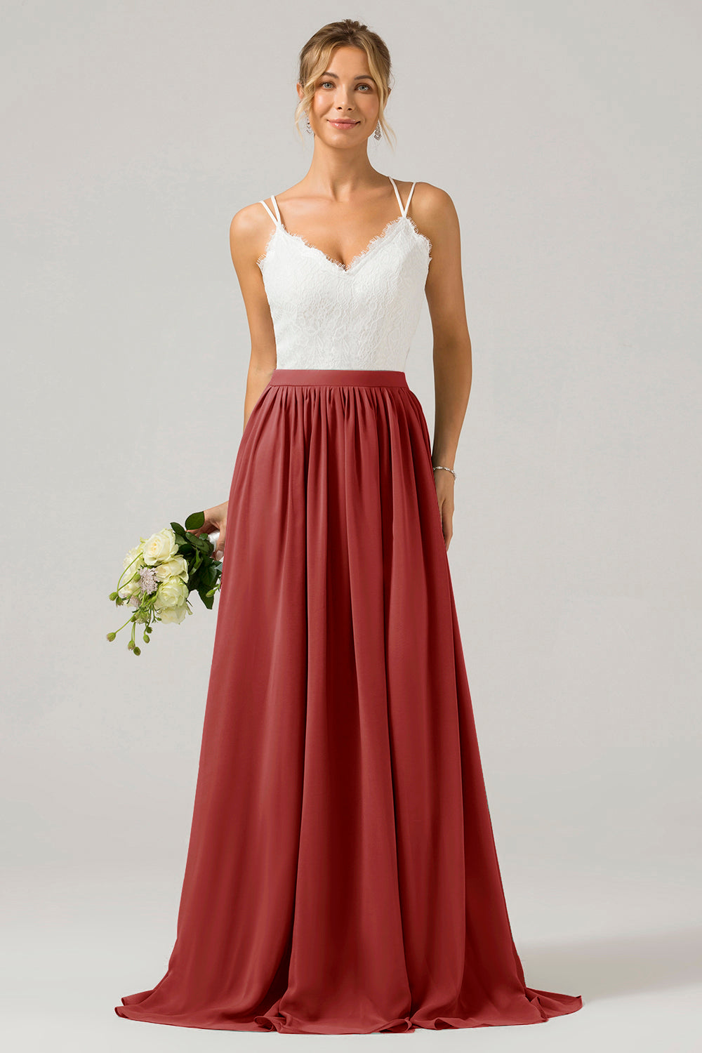 Vestido de dama de honor largo de gasa boho con espalda abierta de eucalipto con encaje