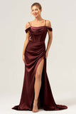 Vestido largo de dama de honor con corsé fruncido de hombro frío de sirena de café con abertura