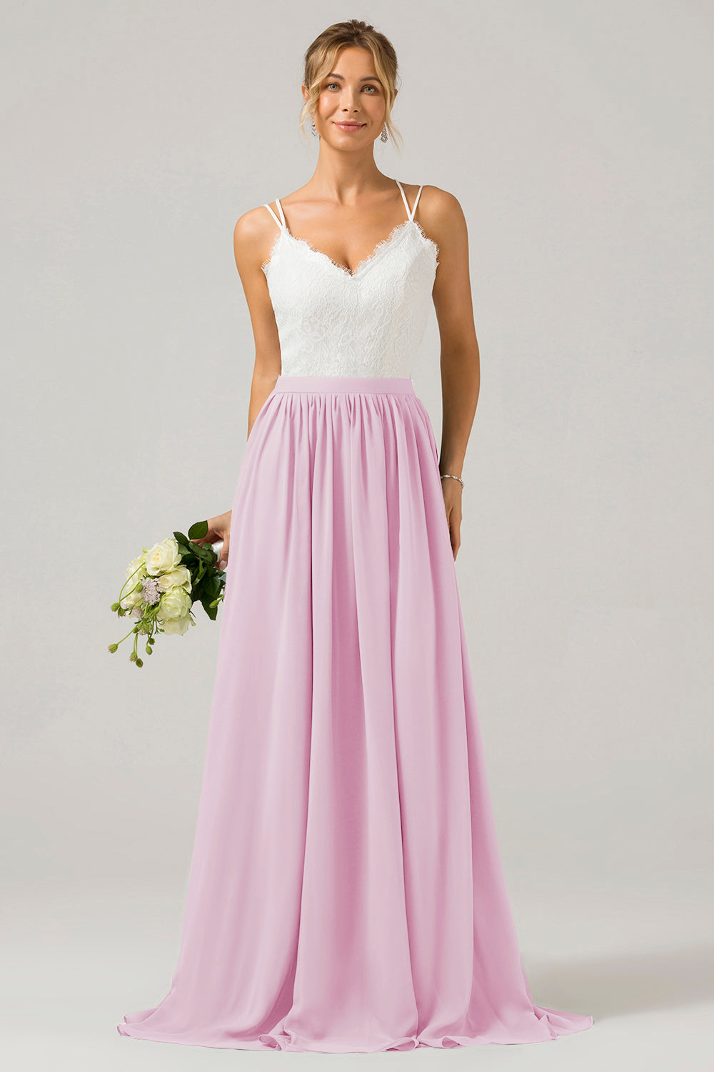 Vestido de dama de honor largo de gasa boho con espalda abierta de eucalipto con encaje