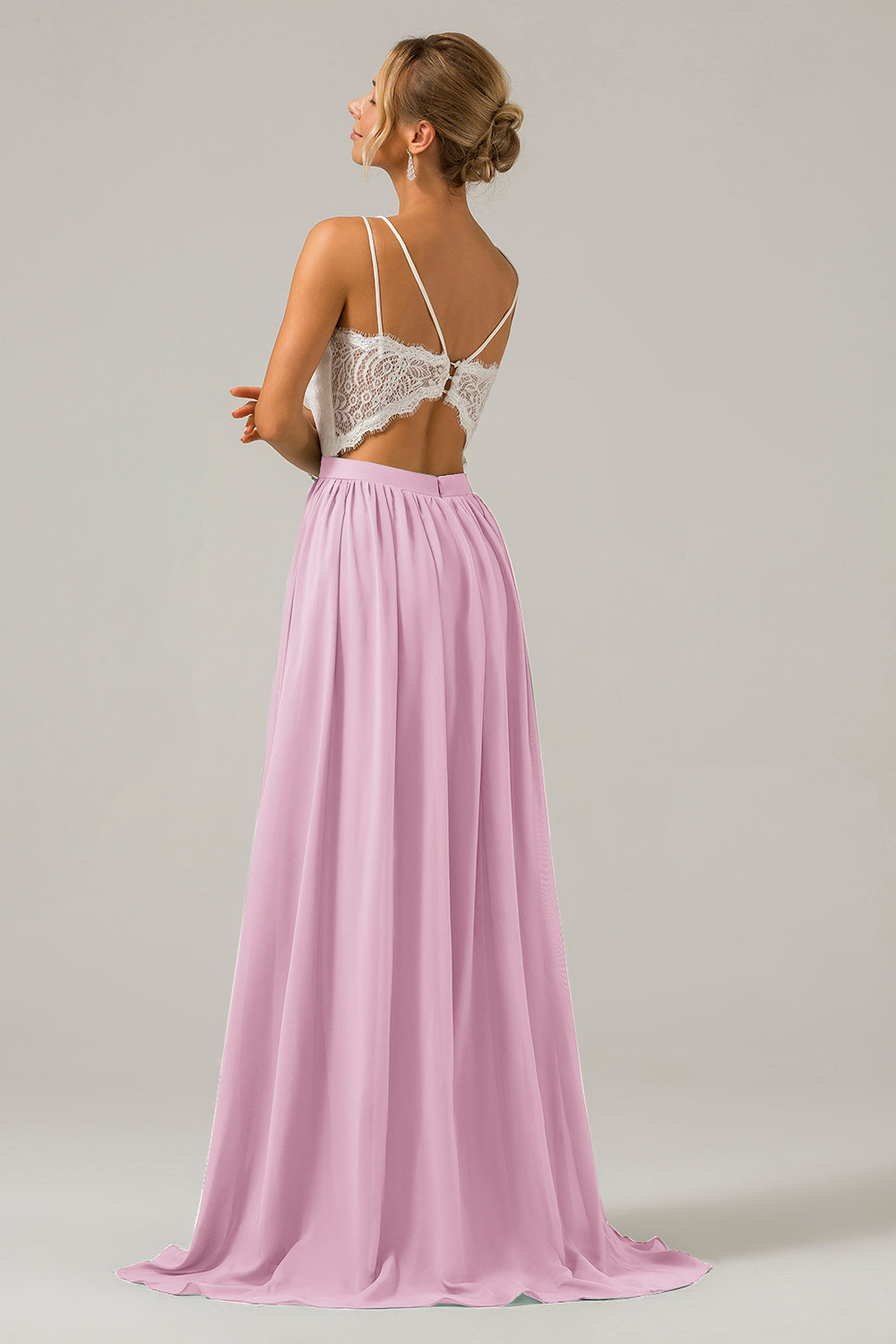 Vestido de dama de honor largo de gasa boho con espalda abierta de eucalipto con encaje