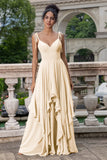 Vestido largo de dama de honor con tirantes de espagueti de línea Matcha A con volantes