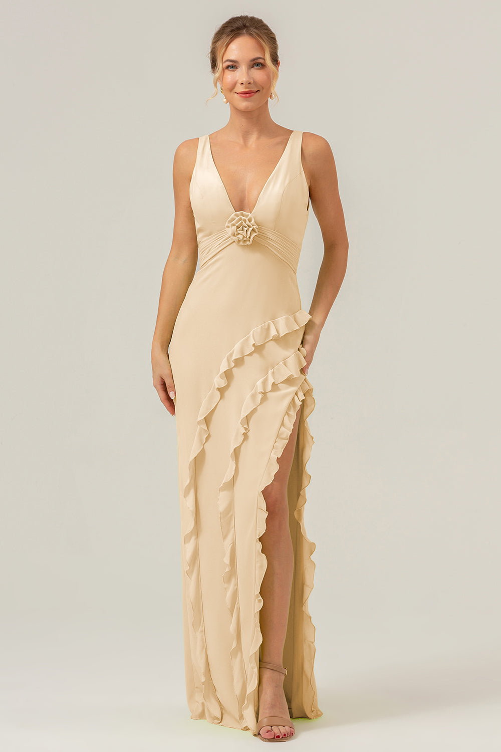 Vestido de dama de honor largo con escote en V profundo y cuello en V profundo con abertura de volantes