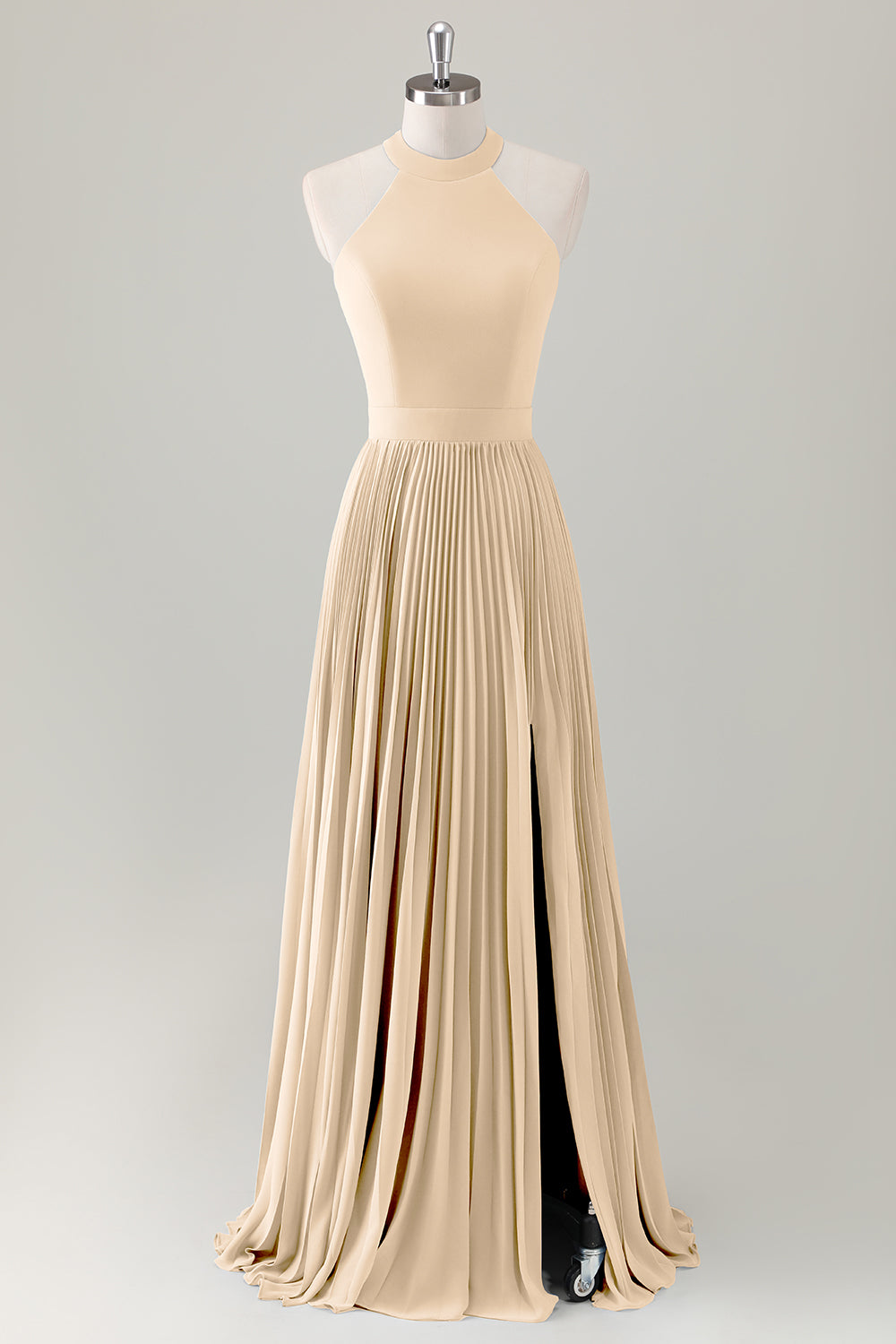Vestido de dama de honor largo halter azul grisáceo con abertura