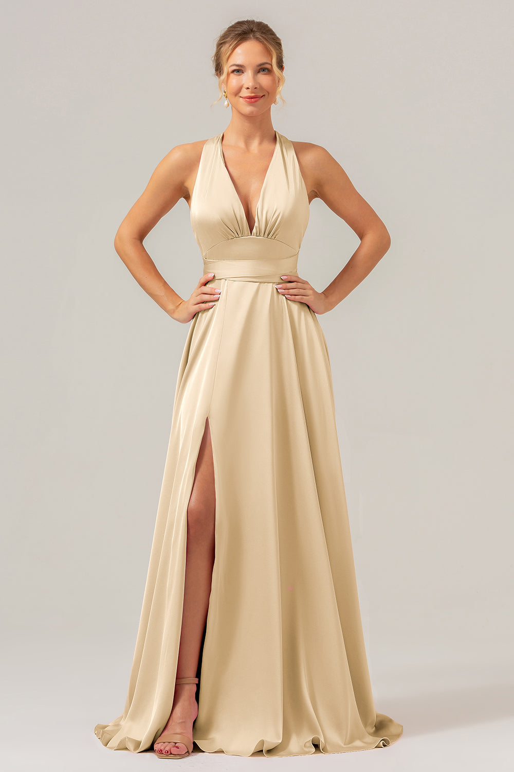 Vestido de dama de honor largo de satén sin espalda con escote en V rosa A Line con abertura