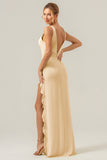 Vestido de dama de honor largo con escote en V profundo y cuello en V profundo con abertura de volantes
