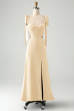 Olive A Line Spaghetti Straps Vestido de invitada de boda hasta el suelo con abertura