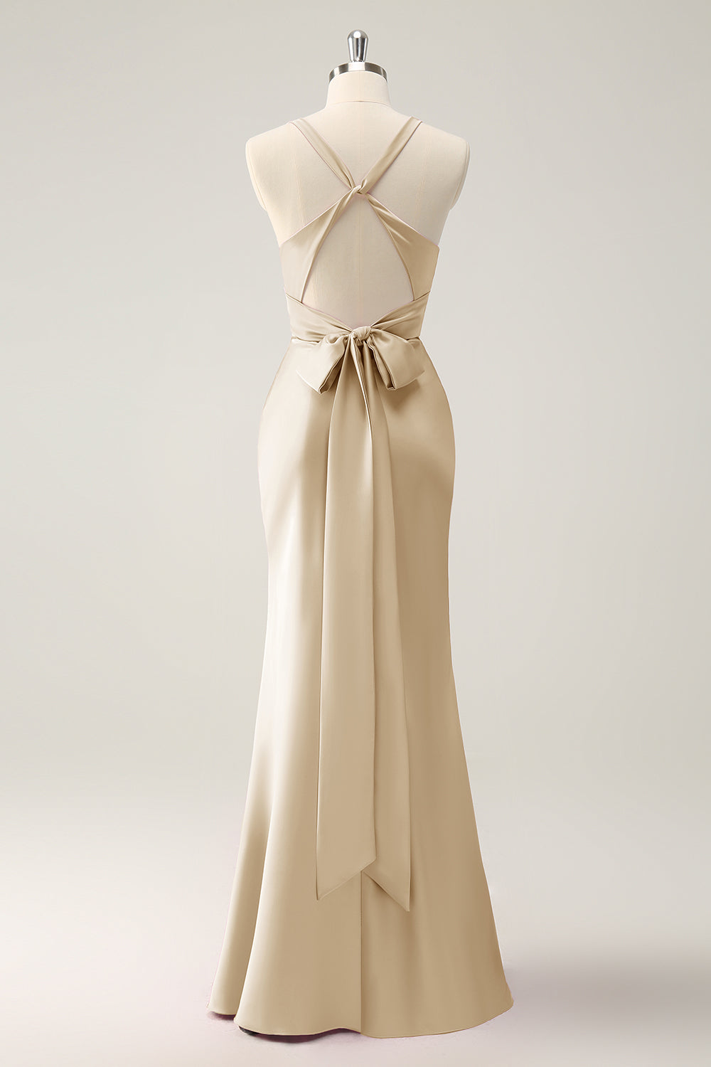 Vestido largo de dama de honor de satén con cuello en V de sirena rosa