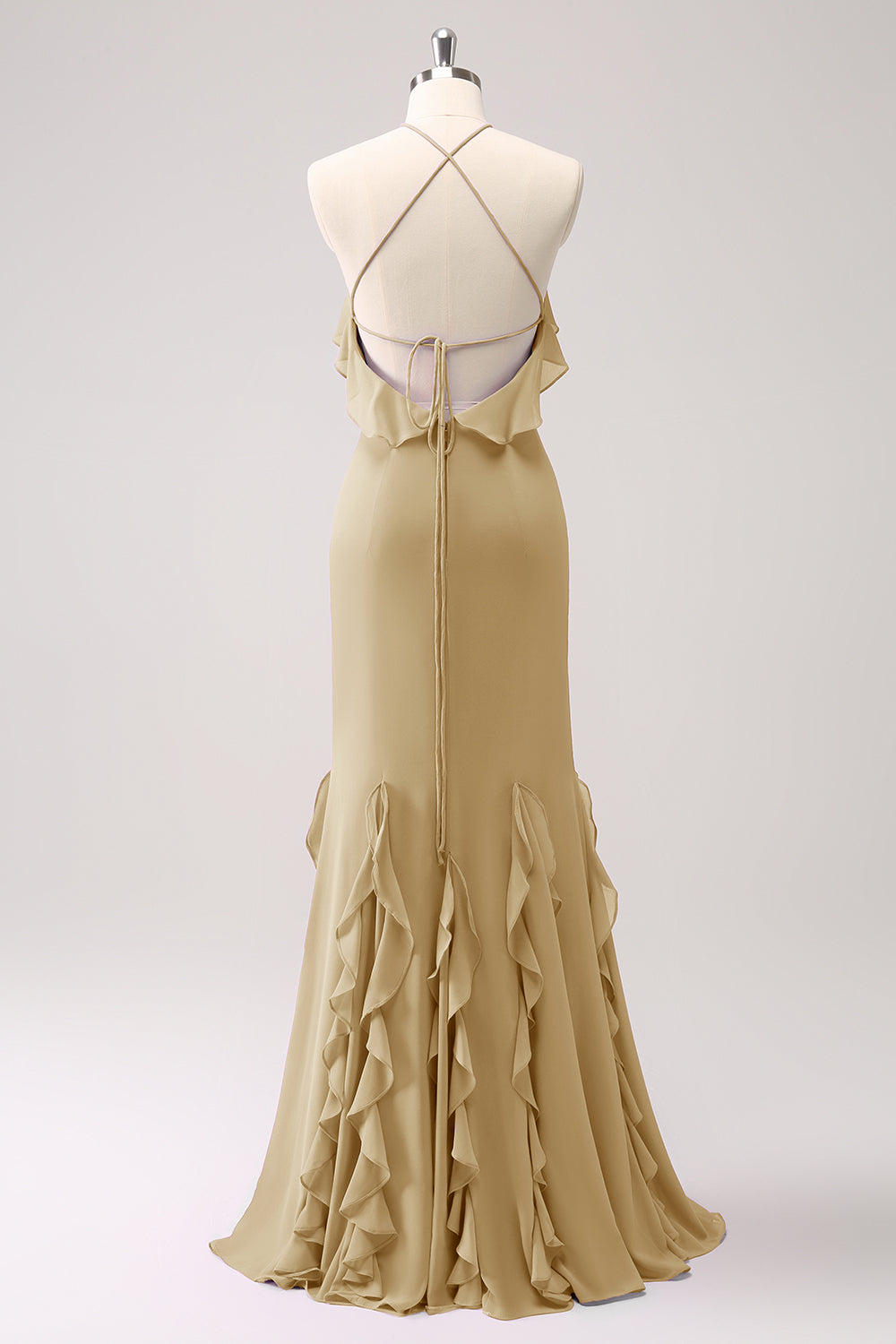 Vestido largo de dama de honor de gasa con volantes halter de sirena de Tahití