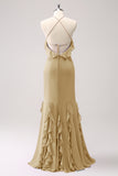 Vestido largo de dama de honor de gasa con volantes halter de sirena de Tahití