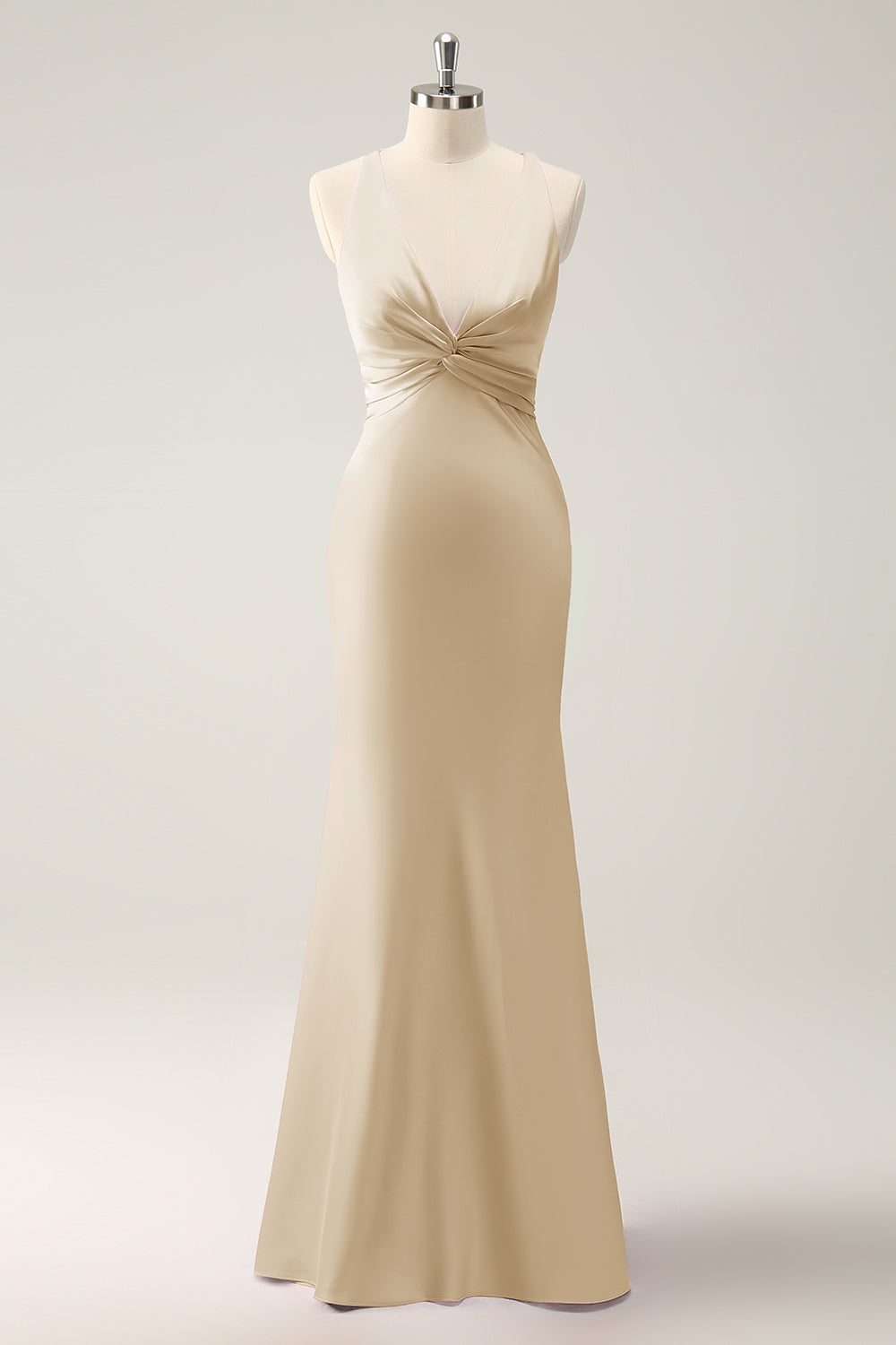 Vestido largo de dama de honor de satén con cuello en V de sirena rosa