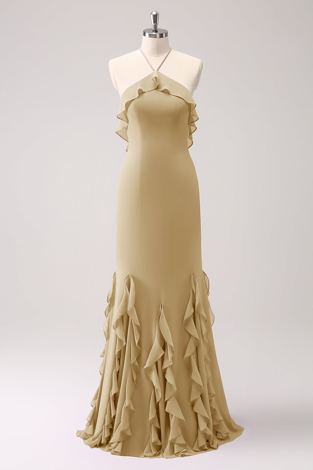 Vestido largo de dama de honor de gasa con volantes halter de sirena de Tahití