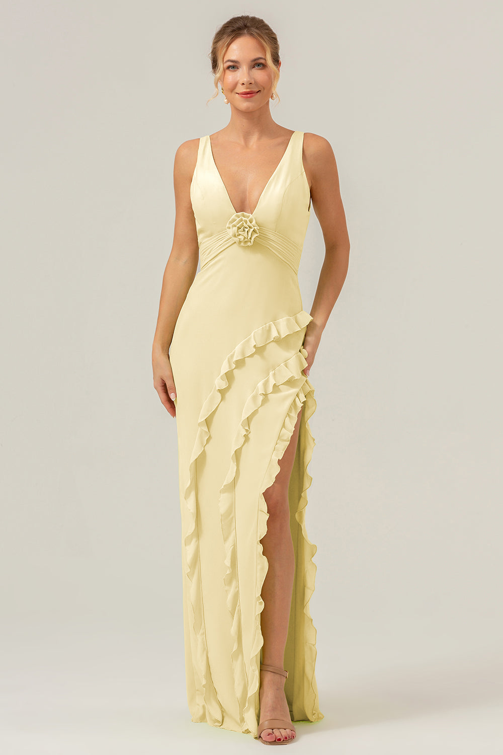 Vestido de dama de honor largo con escote en V profundo y cuello en V profundo con abertura de volantes