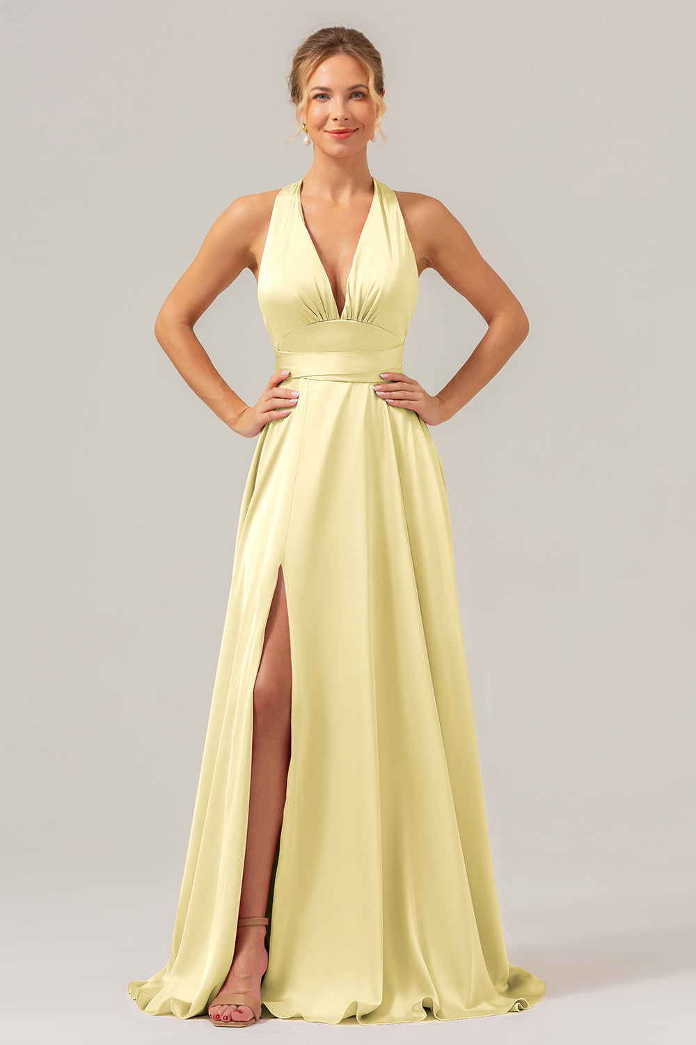Vestido de dama de honor largo de satén sin espalda con escote en V rosa A Line con abertura