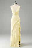 Vestido de invitada de boda con volantes de cuello en V profundo de narciso con abertura