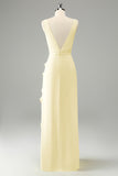 Vestido de invitada de boda con volantes de cuello en V profundo de narciso con abertura