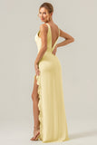 Vestido de dama de honor largo con escote en V profundo y cuello en V profundo con abertura de volantes