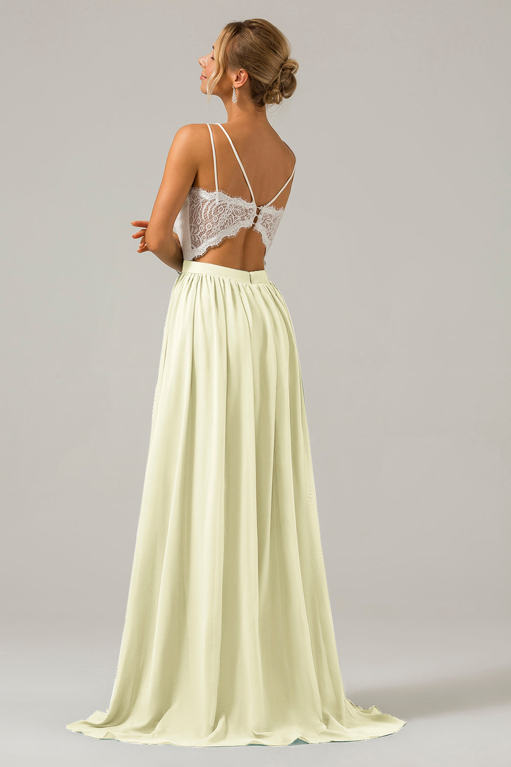 Vestido de dama de honor largo de gasa boho con espalda abierta de champán con encaje