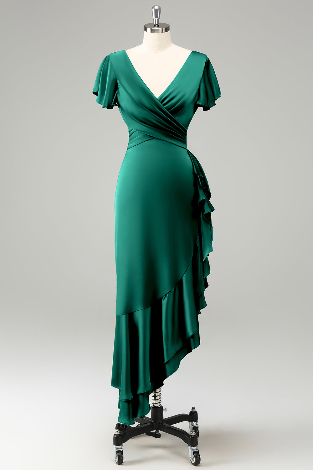 Vestido de invitada de boda de satén con cuello en V verde oscuro con volantes