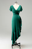 Vestido de invitada de boda de satén con cuello en V verde oscuro con volantes