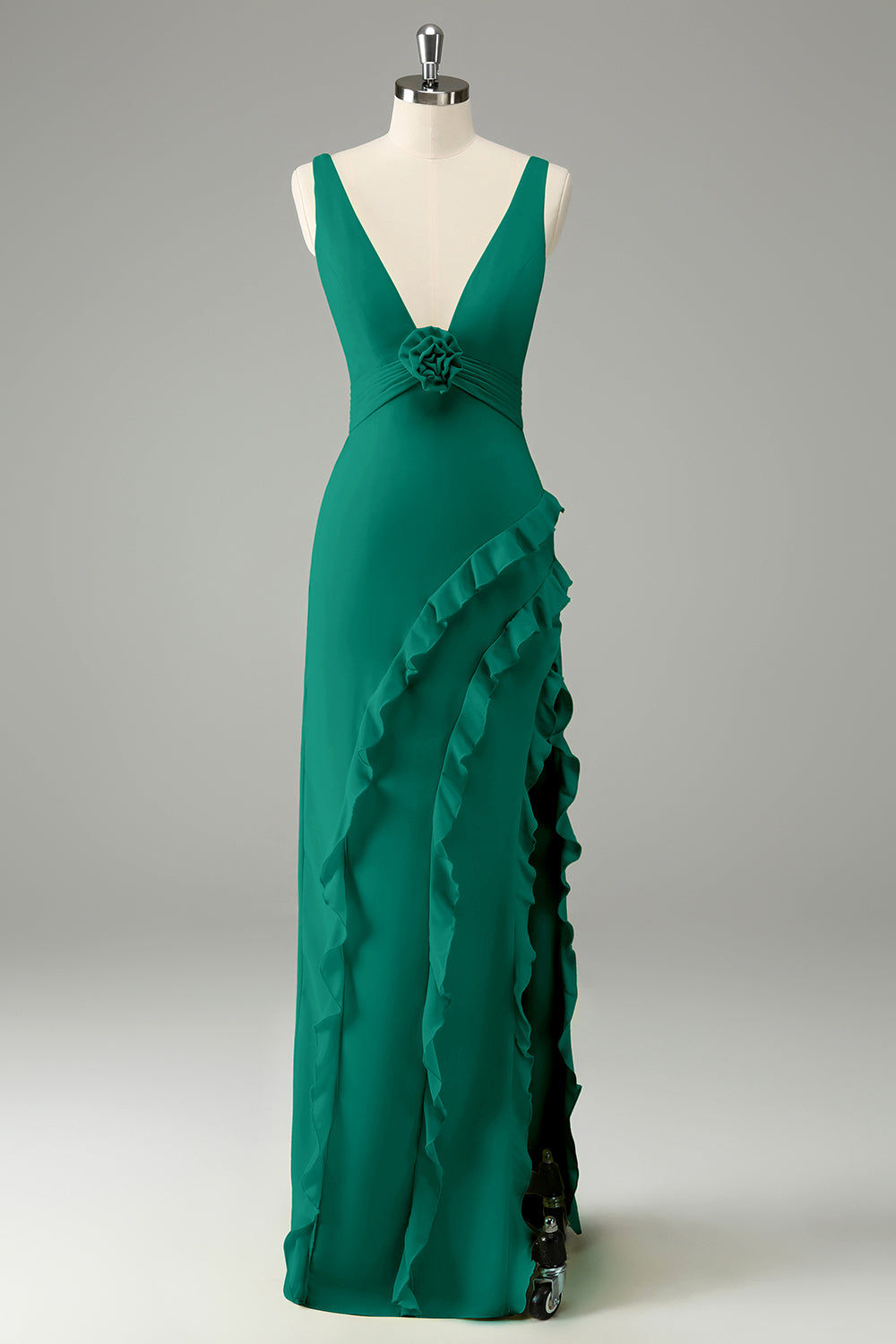 Vestido de invitada de boda con volantes de cuello en V profundo de narciso con abertura