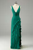 Vestido de invitada de boda con volantes de cuello en V profundo de narciso con abertura