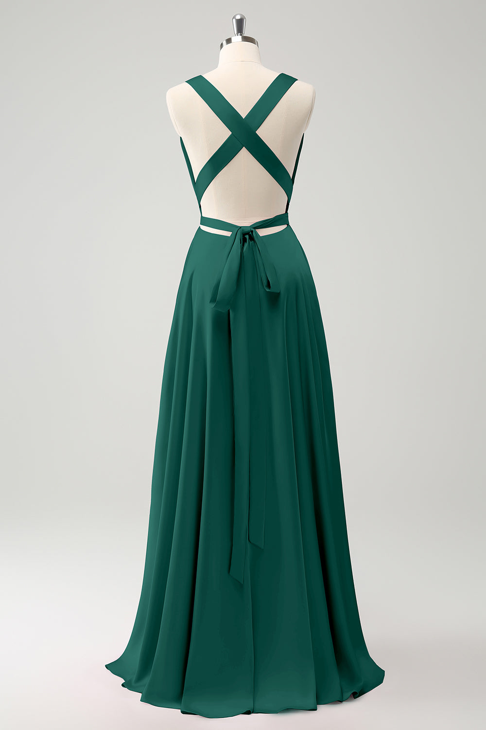Vestido de dama de honor verde oscuro A Line con espalda sin espalda y abertura