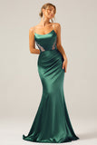 Vestido largo plisado de tirantes de satén gris azul sirena