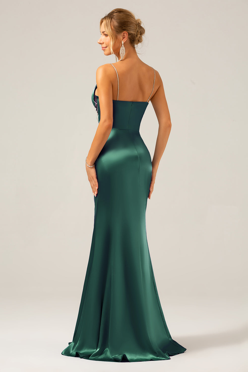 Vestido largo plisado de tirantes de satén gris azul sirena