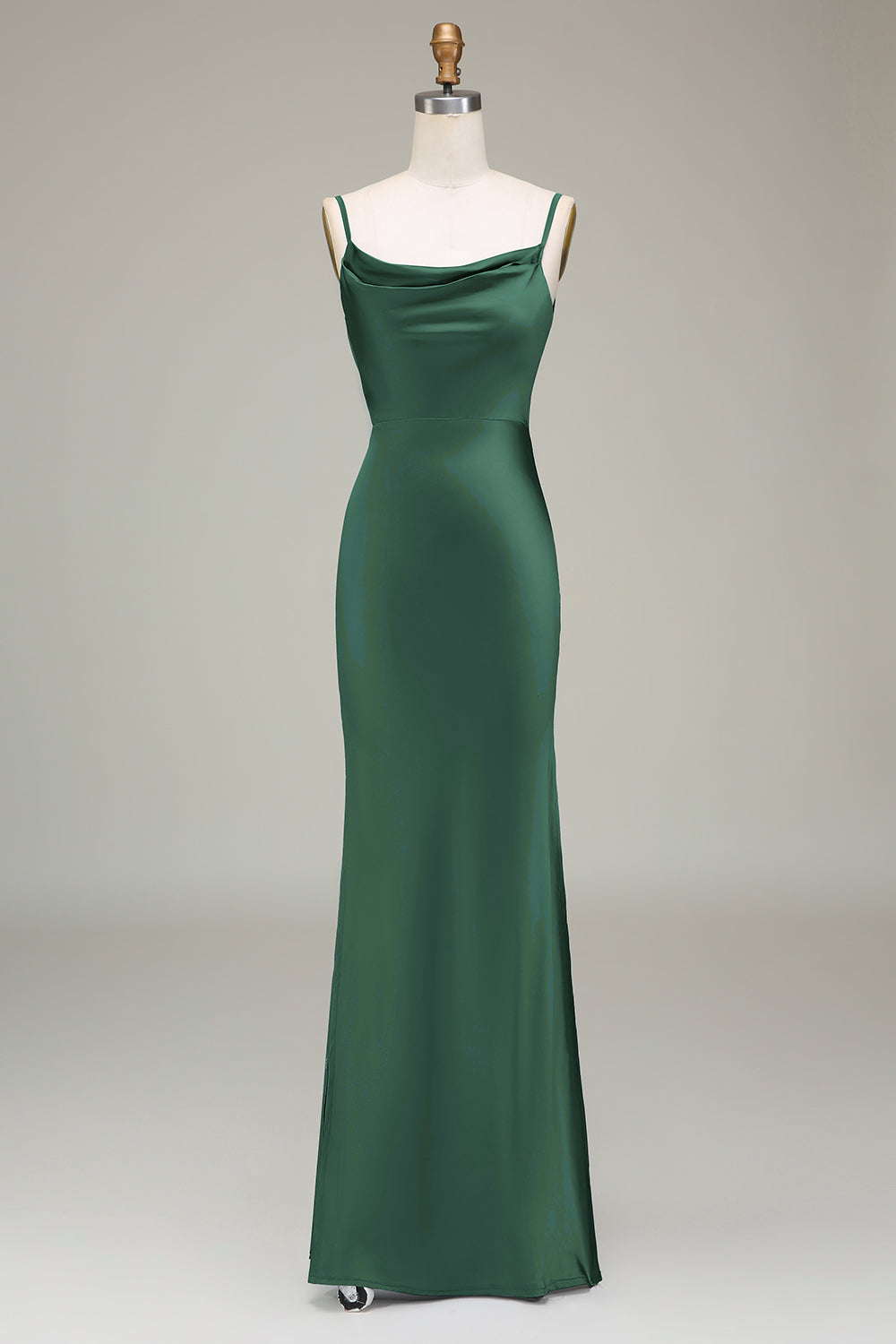 Vestido de dama de honor largo de satén con correas de espagueti de vaina azul polvoriento