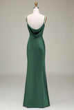 Vestido de dama de honor largo de satén con correas de espagueti de vaina azul polvoriento