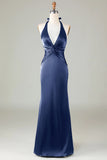 Mermaid Halter Vestido de dama de honor verde oscuro