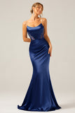 Vestido largo plisado de tirantes de satén gris azul sirena