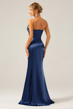 Vestido largo plisado de tirantes de satén gris azul sirena